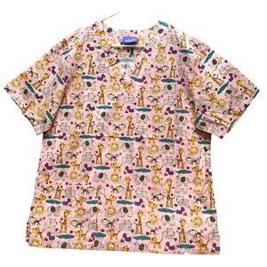 Carol's Scrub Top Womens 1X Pink AOP Animals Giraffe Workwear Medical Shirt Plus